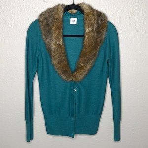 CAbi Tearoom Button Up Cardigan Faux Fur Collar